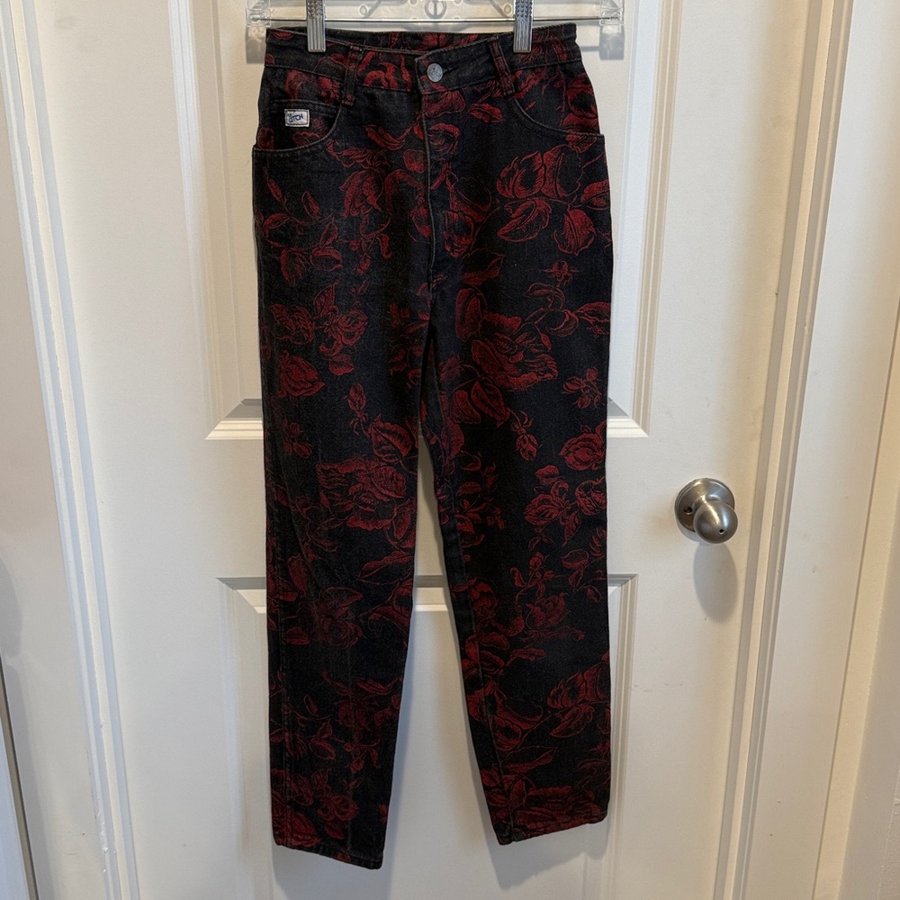 1980’s Vintage La Cetch Red Floral Black Pants Size 7 100% Cotton EUC
